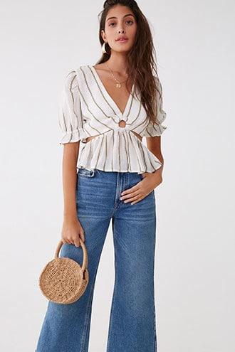 Forever21 Crinkled Striped Cutout Top