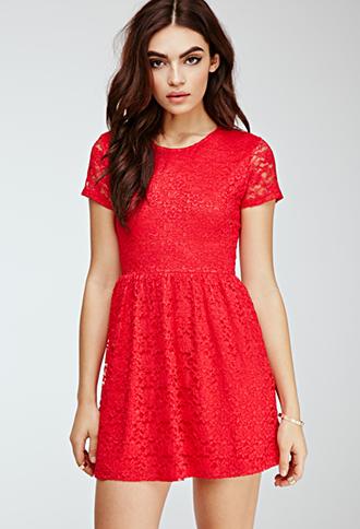 Forever21 Floral Lace Skater Dress Red Small