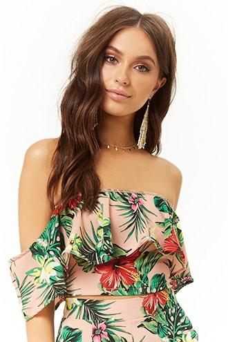 Forever21 Crepe Floral Off-the-shoulder Flounce Crop Top