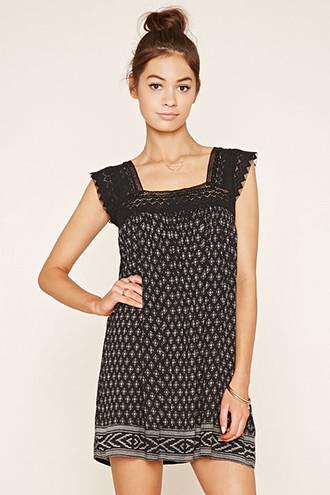 Forever21 Women's  Black & Cream Crocheted Mini Peasant Dress