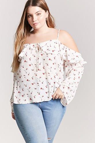 Forever21 Plus Size Floral Open-shoulder Flounce Top