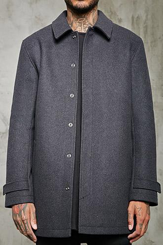 21 Men Men's  Charcoal Snap-button Woolen Topcoat