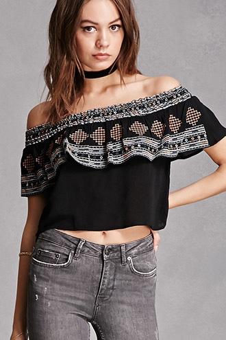 Forever21 Embroidered Flounce Crop Top