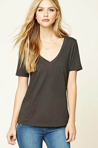 Forever21 Plus Women's  Dark Grey Cotton-blend V-neck Tee