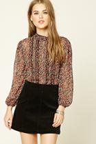 Forever21 Women's  Black & Coral Floral Pinstripe Ruffle Top