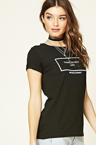 Forever21 Women's Black & White Fashionably Late Graphic Tee