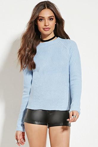 Forever21 Women's Blue Ribbed Knit Raglan Sweater