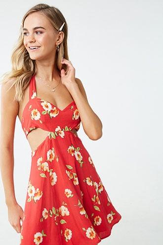 Forever21 Floral Print Cutout Halter Dress