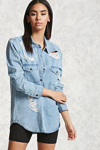 Forever21 Distressed Denim Pocket Shirt
