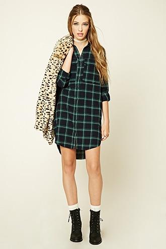 Forever21 Women's  Navy & Green Plaid Flannel Shirt Dress