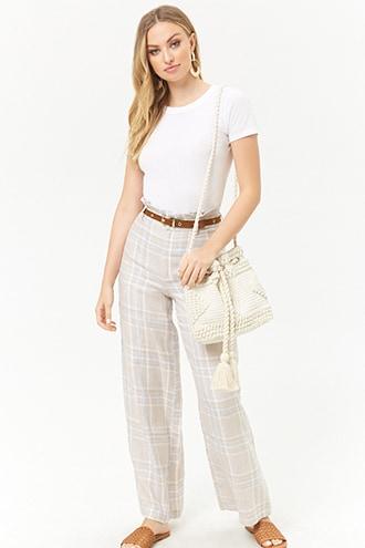 Forever21 Linen Plaid Wide-leg Pants