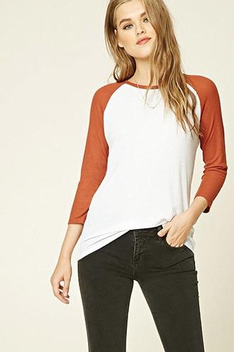 Forever21 Women's  White & Amber Knit Baseball Tee