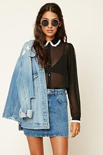 Love21 Women's  Black & Ivory Contemporary Ruffle Shirt