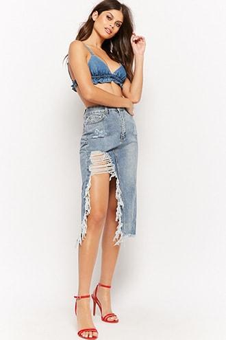 Forever21 Distressed Open-leg Denim Midi Skirt