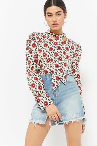 Forever21 Floral Print Self-tie Neck Top