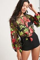 Forever21 Sheer Floral Puff-sleeve Top