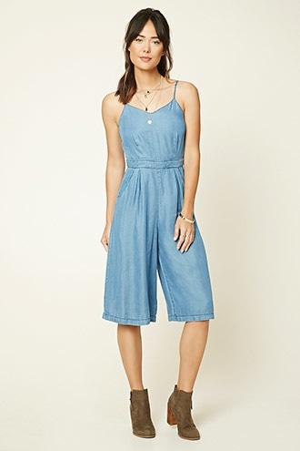 Forever21 Women's  Blue Chambray Culottes Jumpsuit