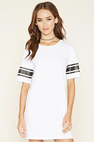 Forever21 Women's  White & Black Varsity-striped T-shirt Dress