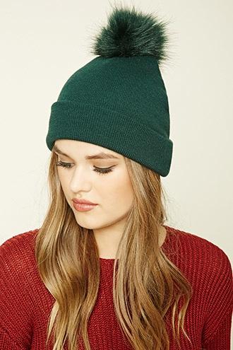 Forever21 Women's  Green Foldover Pom-pom Beanie