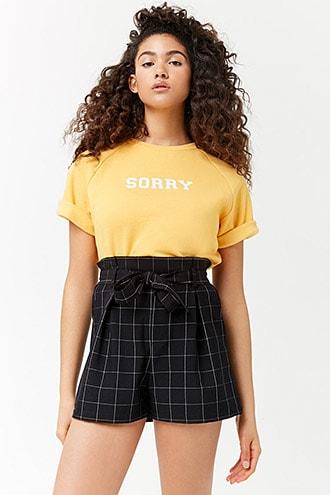 Forever21 Grid Print Paperbag-waist Shorts
