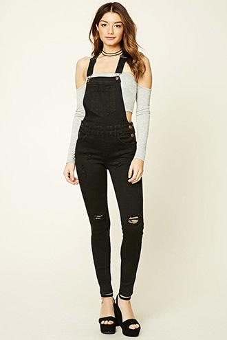 Forever21 Women's  Black Distressed Denim Overalls
