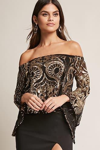 Forever21 Metallic Sequin Off-the-shoulder Top