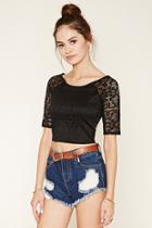 Forever21 Women's  Black Embroidered Mesh Top