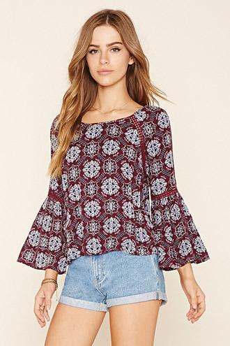 Forever21 Women's  Wine & Cream Ornate Print Peasant Top