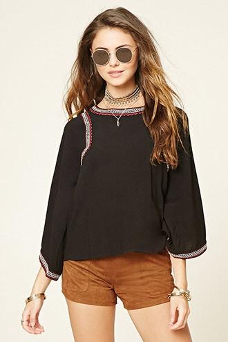 Forever21 Women's  Embroidered Bell-sleeve Top