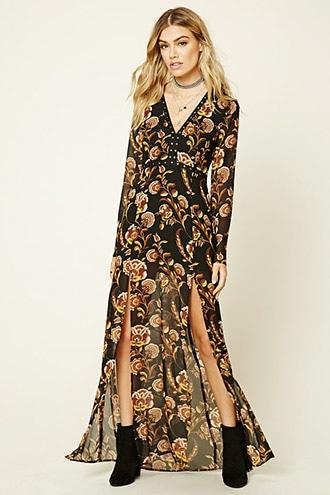 Forever21 Women's  Black & Mustard Floral Print M-slit Maxi Dress