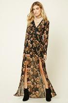 Forever21 Women's  Black & Mustard Floral Print M-slit Maxi Dress