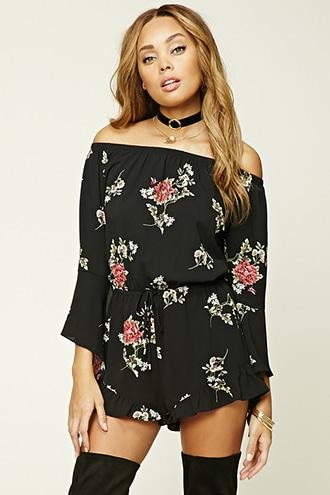 Forever21 Women's  Floral Off-the-shoulder Romper