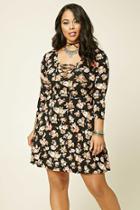 Forever21 Plus Women's  Black & Pink Plus Size Floral Lace-up Dress