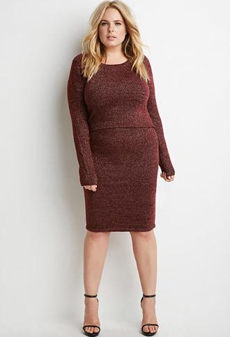 Forever21 Plus Women's Metallic Ribbed Knit Skirt (wine/gold)