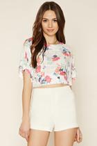Love21 Women's  Ivory & Berry Sorbet Contemporary Floral Crop Top
