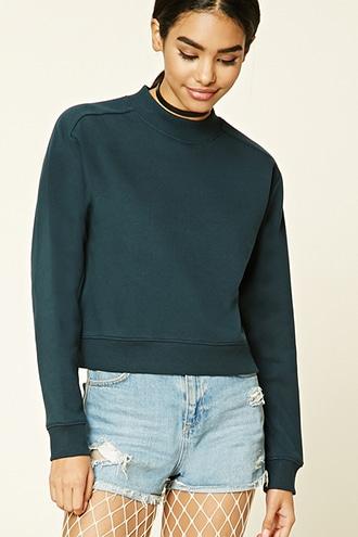 Forever21 Women's  Peacock Mock Neck Fleece Sweatshirt