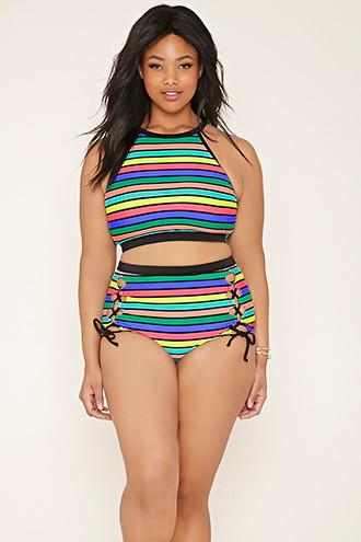 Forever21 Plus Women's  Black Plus Size Stripe Bikini Bottoms