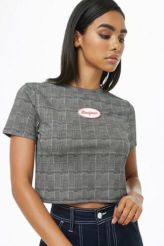 Forever21 Bonjour Applique Glen Plaid Crop Top