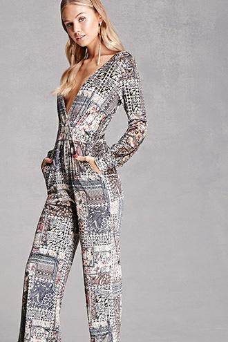 Forever21 Women's  Velvet Ornate Print Jumpsuit