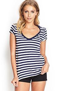 Forever21 Striped V-neck Cotton Tee
