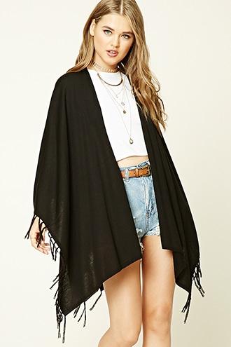 Forever21 Women's  Black Draped Tasseled Sweater Shawl