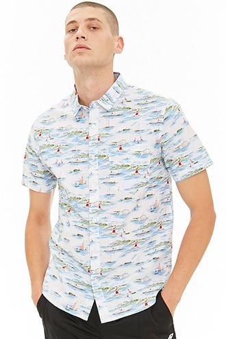 Forever21 Sailboat Print Curved Hem Shirt