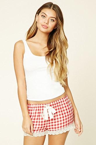 Forever21 Women's  Plaid Lace-trim Pj Shorts