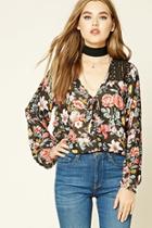 Forever21 Women's  Black & Pink Floral Print Tie-front Top