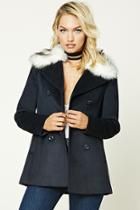 Forever21 Women's  Navy & Cream Faux Fur Collar Coat