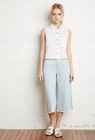Forever21 Women's  White Linen-blend Pocket Shirt