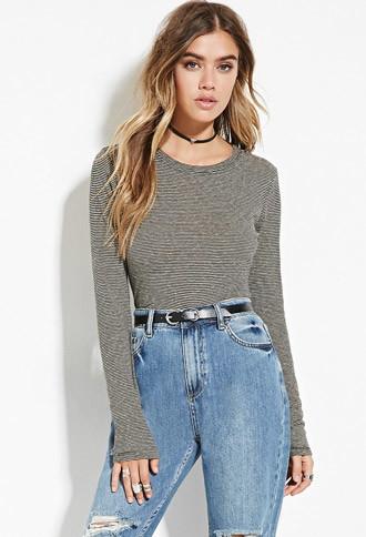 Forever21 Women's Black & Beige Striped Crop Top