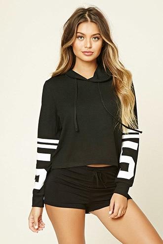 Forever21 Women's  Black Varsity-stripe Pj Hoodie