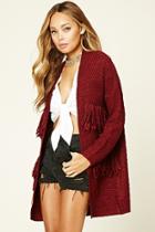 Forever21 Women's  Wine Open-front Fringe Cardigan