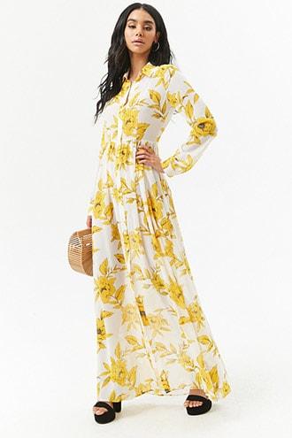 Forever21 Sheer Floral Chiffon Maxi Shirt Dress